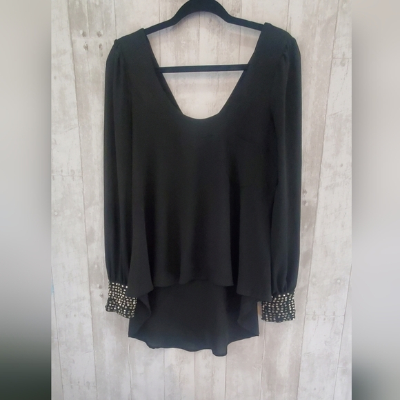 💚5/$25 Very J Black Semi Sheer Blouse Embellished Cuff Long Sleeves Size Small - Picture 3 of 6